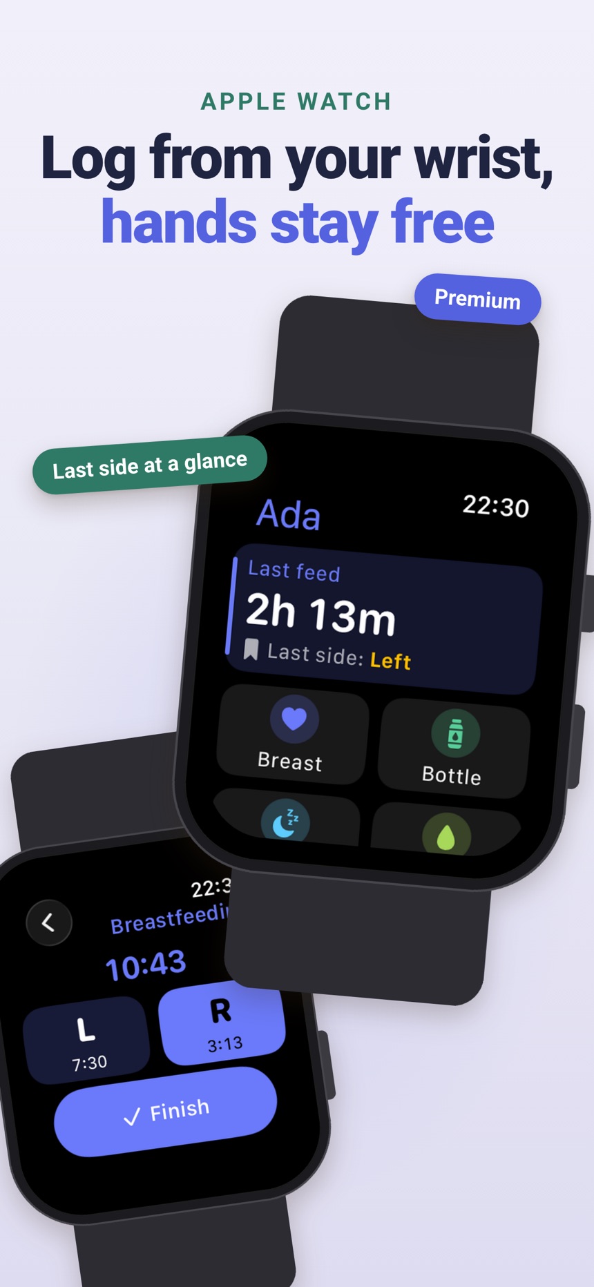 FeedRight Apple Watch app logging a feed from the wrist