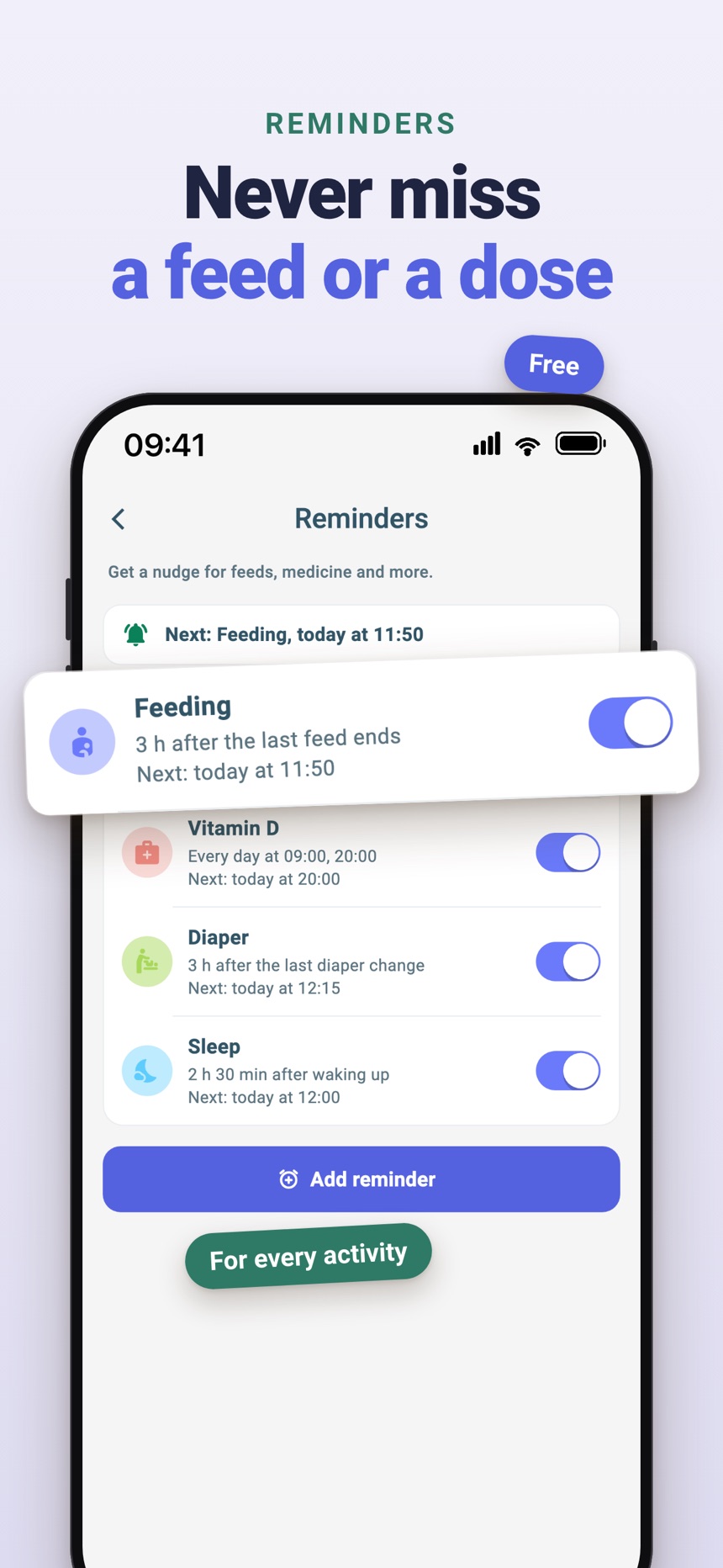 FeedRight reminders for the next feed, medicine and a diaper check