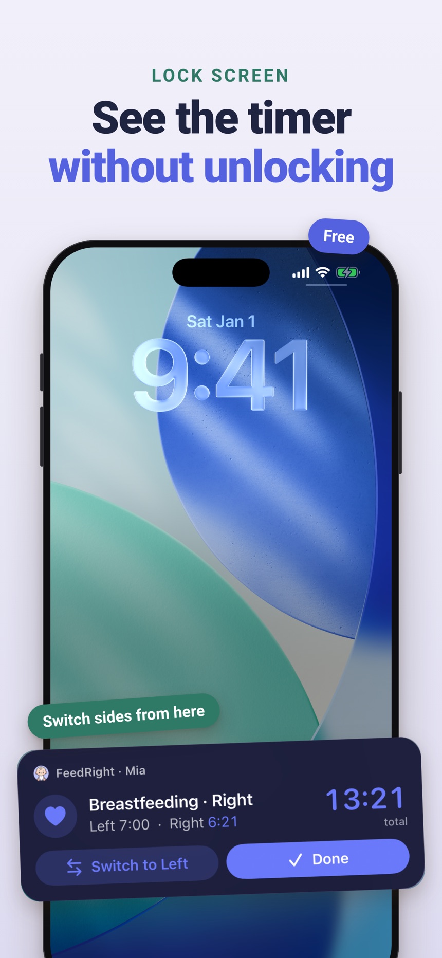 FeedRight feeding timer running on the iPhone Lock Screen and Dynamic Island