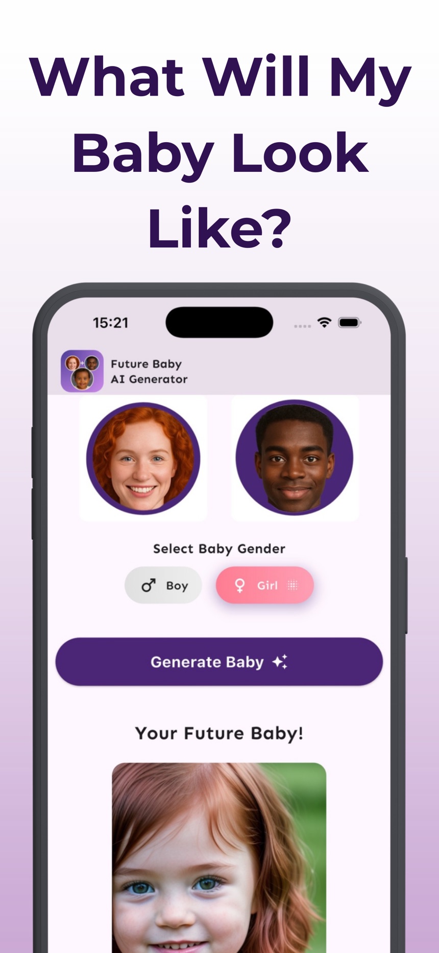 Future Baby AI Generator showing an AI-generated girl created from two parent photos