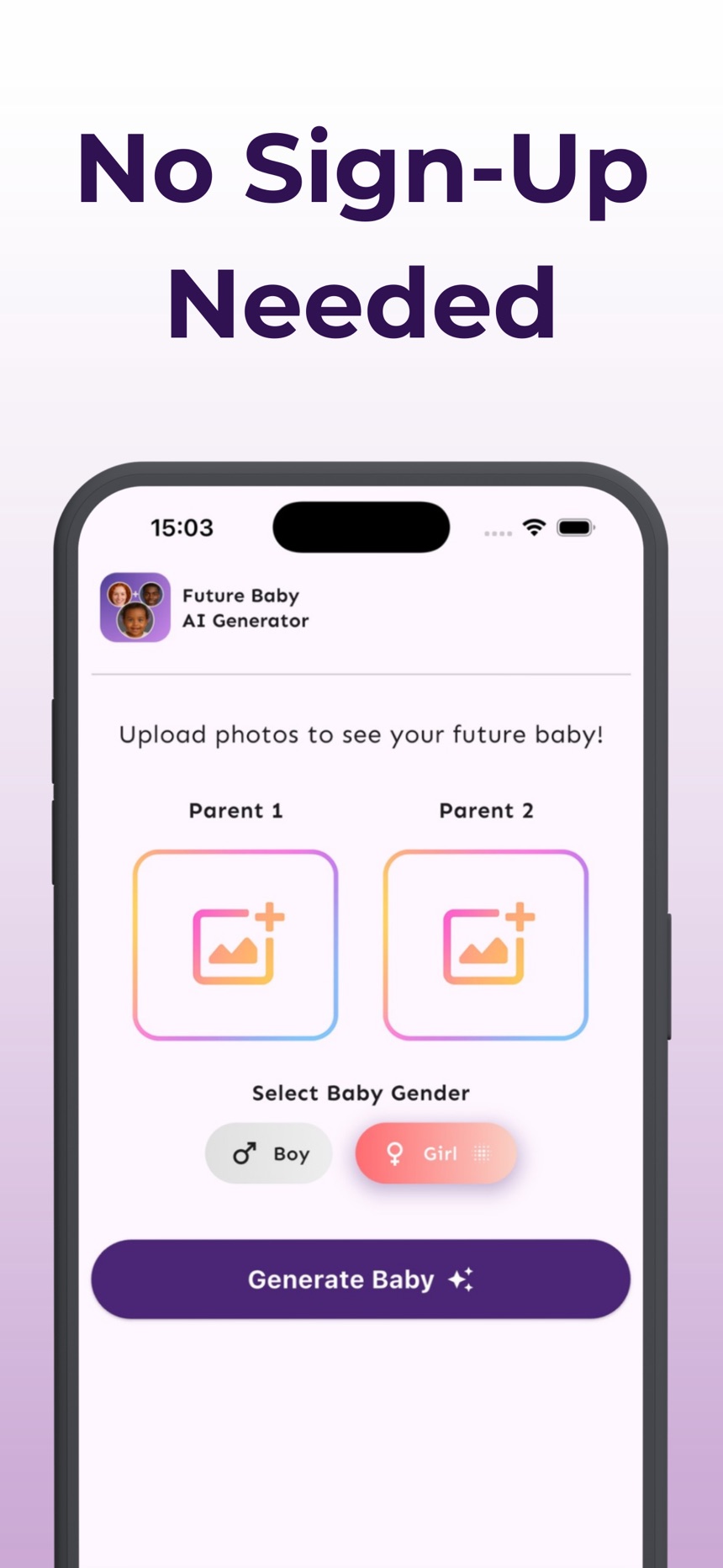 Future Baby AI Generator screen for adding Parent 1 and Parent 2 photos and choosing boy or girl, with no sign-up