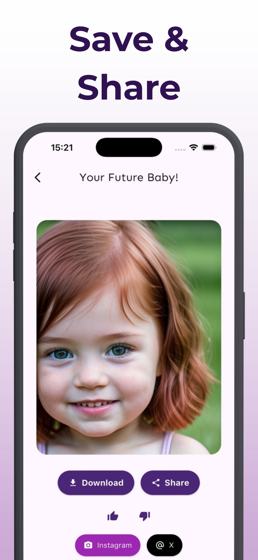 Future Baby AI Generator result screen with save and share buttons