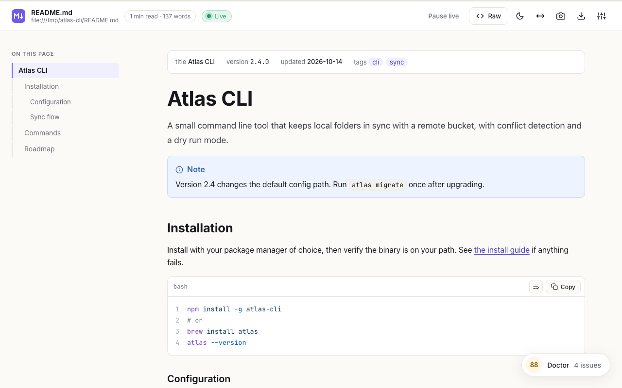 MD Beautifier rendering a README.md in Chrome with a table of contents, a note box and a highlighted code block