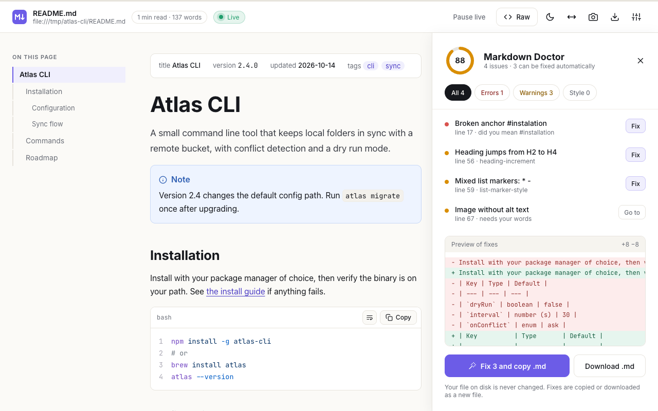 Markdown Doctor in MD Beautifier listing Markdown issues with a score and a preview of the fixes
