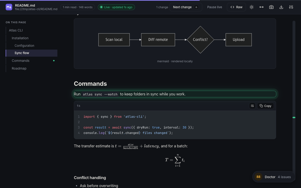 MD Beautifier in dark mode highlighting a paragraph that changed after the file was saved