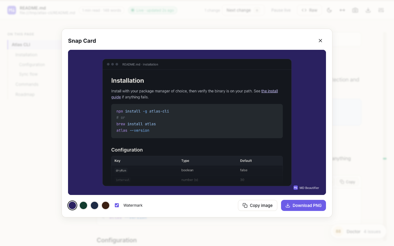 MD Beautifier Snap Card turning a Markdown section into a shareable image
