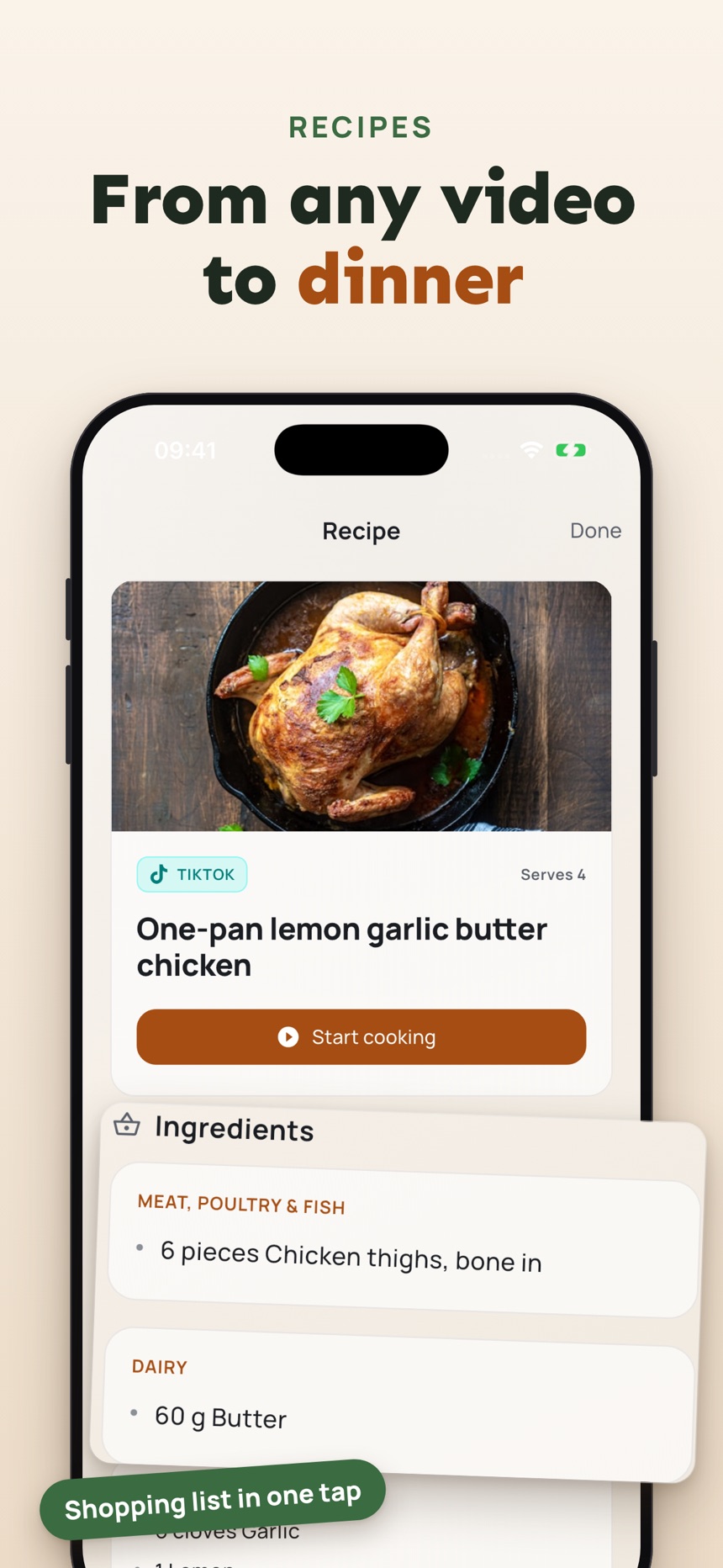 SocialMarks recipe saved from a video with a one-tap shopping list