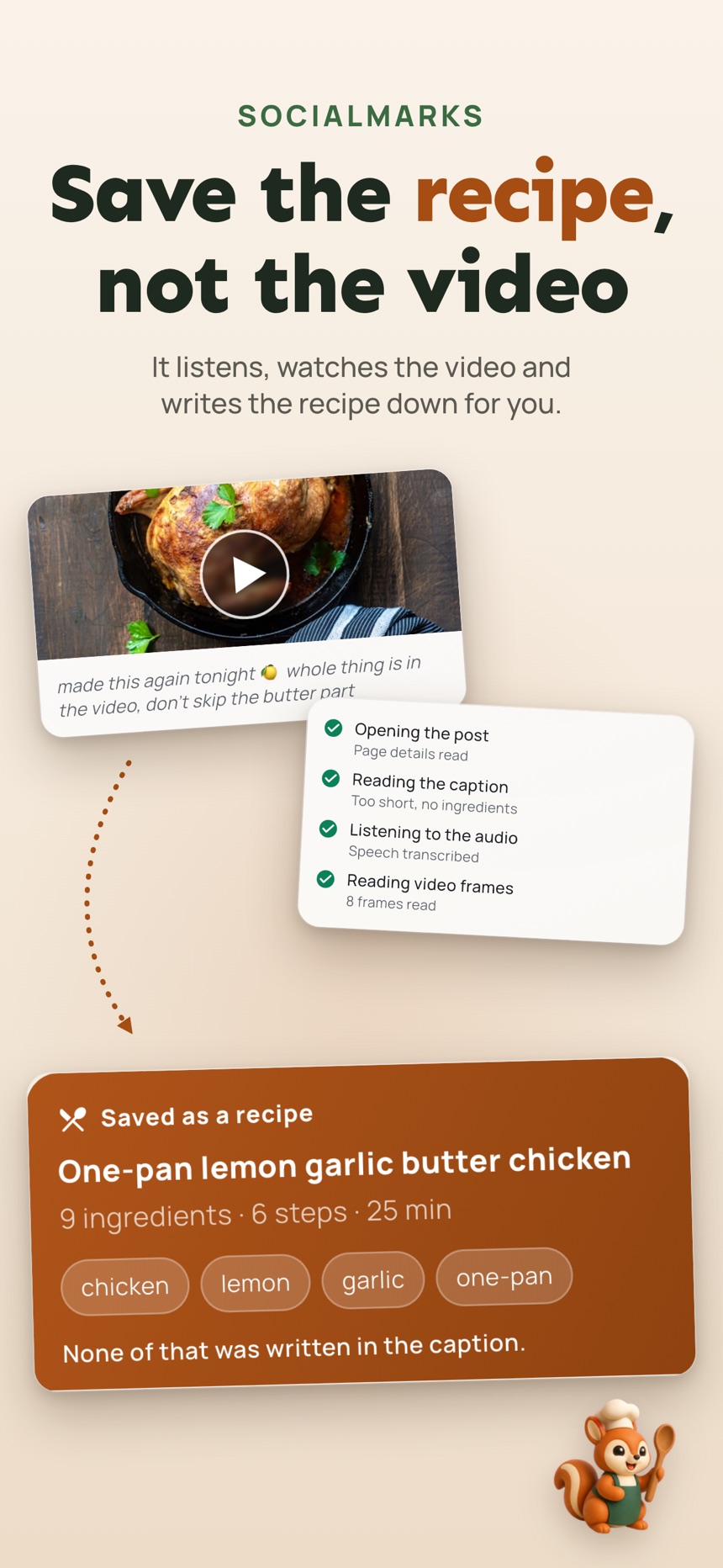 SocialMarks turning a saved cooking video into a recipe with ingredients and steps