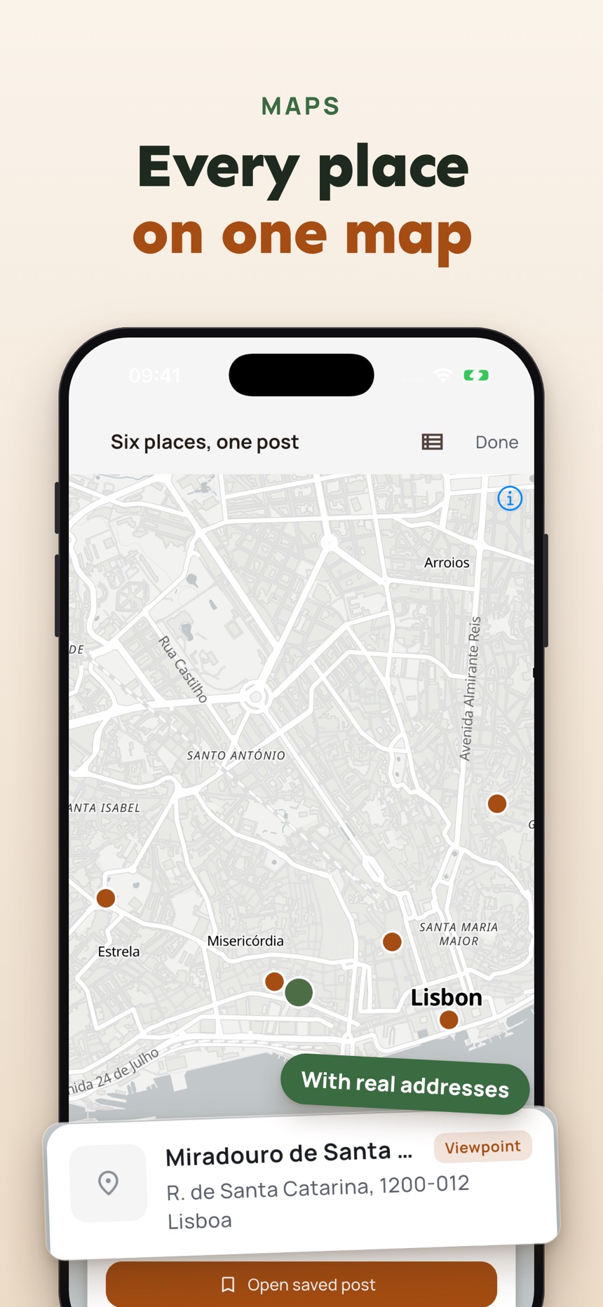 SocialMarks map showing every place from saved posts with real addresses