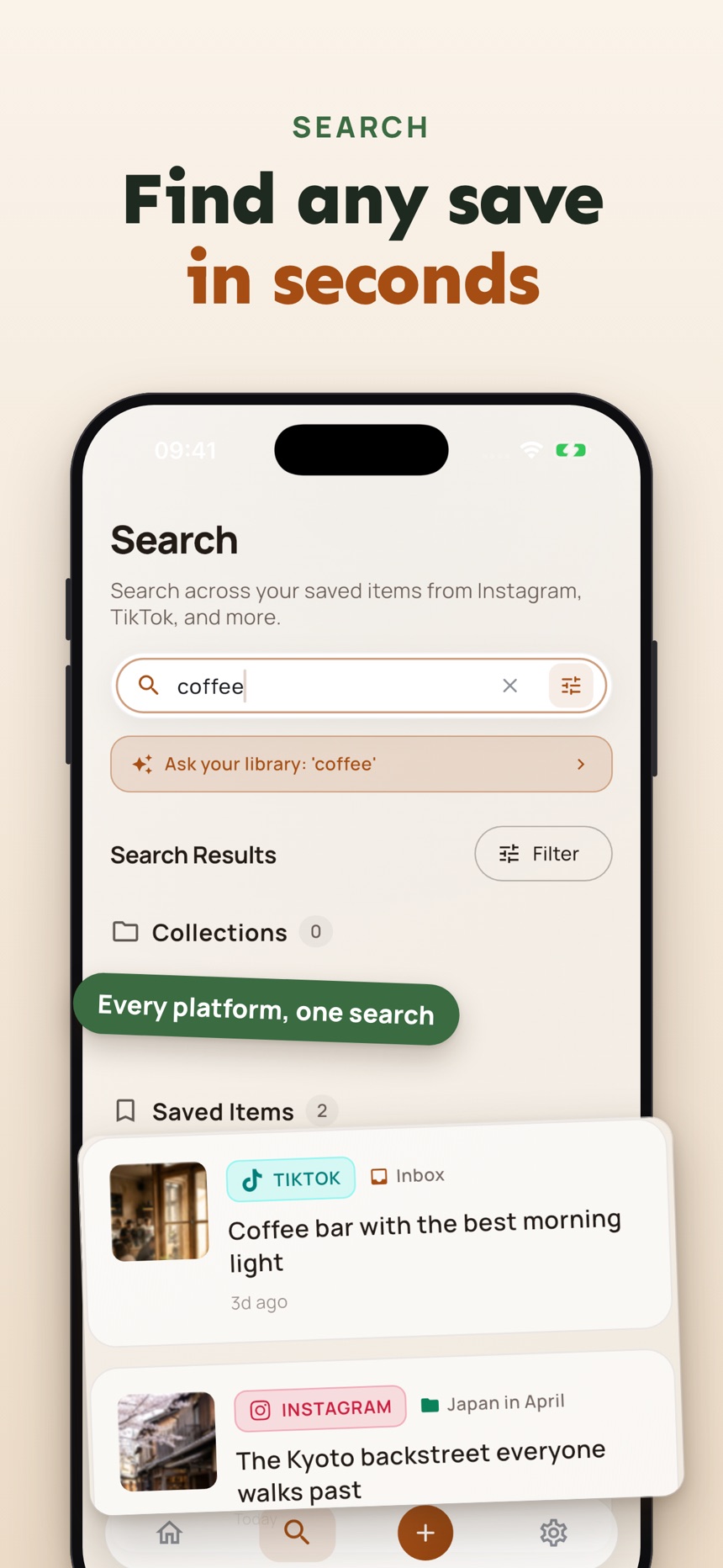 SocialMarks search finding a saved post from Instagram, TikTok or YouTube