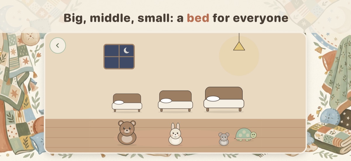 Tortie's Garden sizes game: big, middle and small animals finding the bed that fits