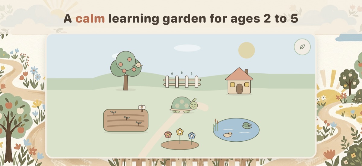 Tortie's Garden home screen: a calm garden with an apple tree, a fence, a little house, a vegetable patch, a flower bed, a pond and Tortie the tortoise