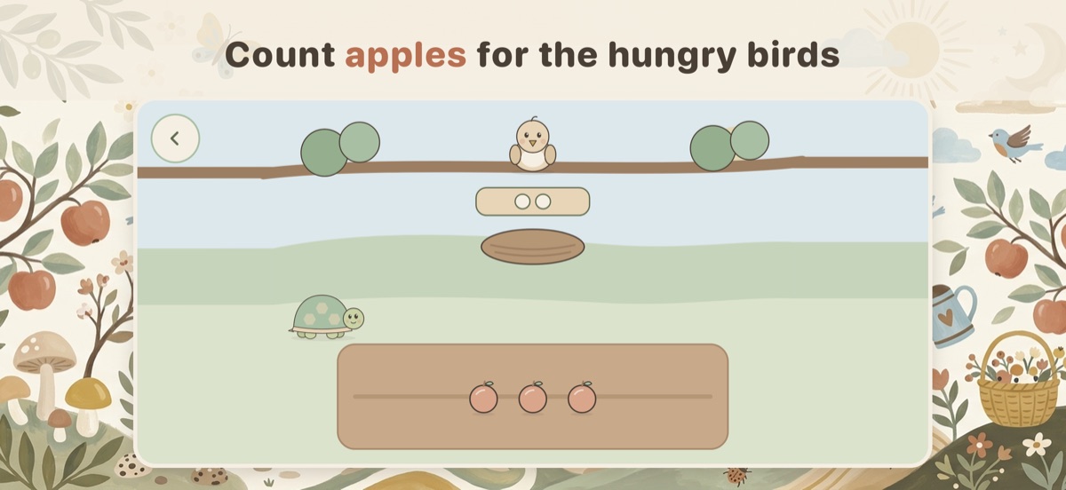 Tortie's Garden counting game: counting apples for the hungry birds