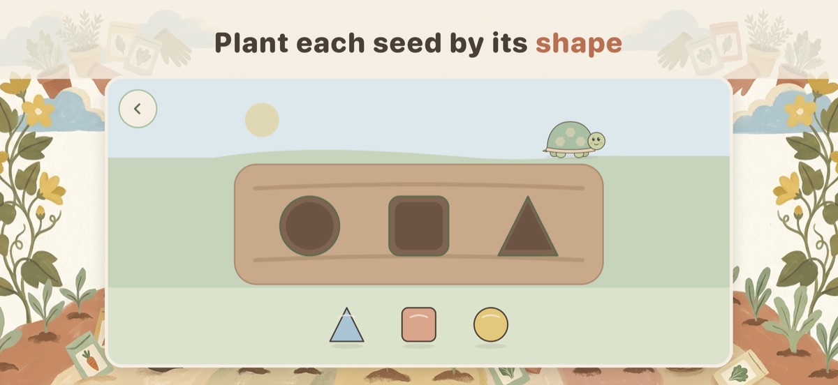 Tortie's Garden shapes game: planting each seed in the hole of the same shape